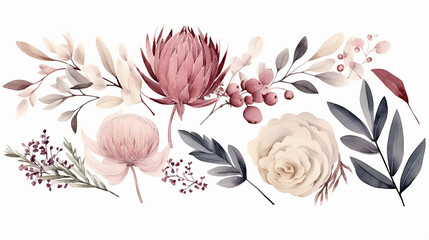 elegant dry flowers protea pale roses eucalyptus on white background