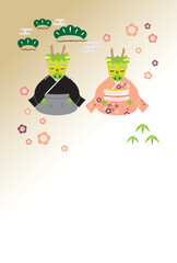 辰年のカジュアル年賀状(夫婦）、はがき比率、背景あり、賀詞・挨拶文なし