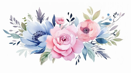 watercolor vintage floral composition pink and blue