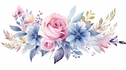 watercolor vintage floral composition pink and blue on white background