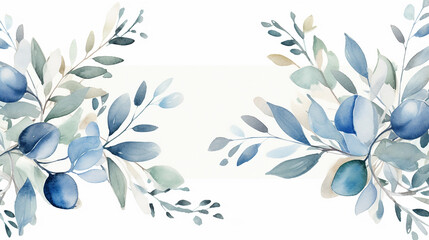 frame with watercolor eucalyptus true blue leaves on white background