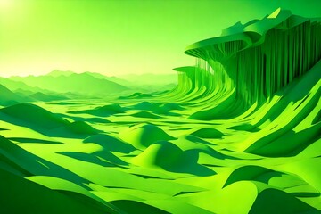 **greeting card, green abstract landscape in the style of paper sculpture-