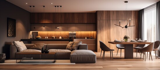 Contemporary apartment interior with wooden and brown toned living and dining areas