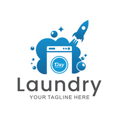 laundry logo in shades of blue and white, with bubbles for washing clothes, simple logo, creative logo