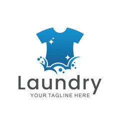 laundry logo in shades of blue and white, with bubbles for washing clothes, simple logo, creative logo