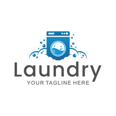 laundry logo in shades of blue and white, with bubbles for washing clothes, simple logo, creative logo