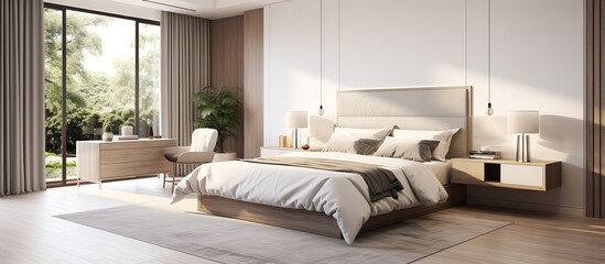 a stylish master bedroom with white and brown walls tiled floor and a comfortable king size bed viewed from the side - obrazy, fototapety, plakaty