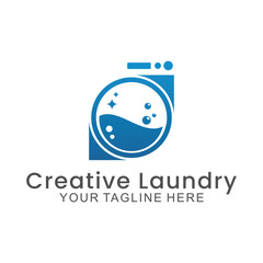 laundry logo in shades of blue and white, with bubbles for washing clothes, simple logo, creative logo