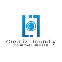 laundry logo in shades of blue and white, with bubbles for washing clothes, simple logo, creative logo