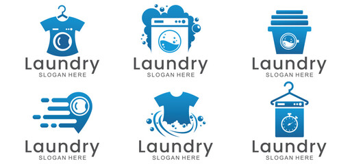 laundry logo in shades of blue and white, with bubbles for washing clothes, simple logo, creative logo