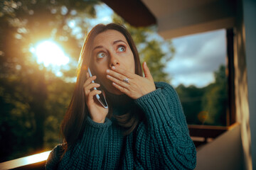 Surprised Woman Answering to a Strange Unknown Phone Call. Person in distress calling the police...