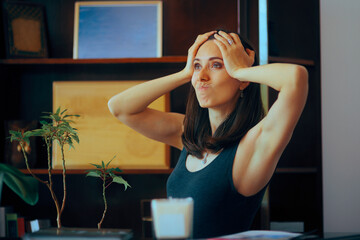 Stressed Receptionist Feeling overwhelmed and Confused. Unhappy hotel worker feeling overwhelmed and underpaid 
 - obrazy, fototapety, plakaty