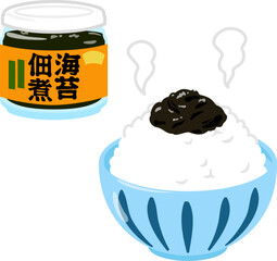 ビン入りの海苔佃煮と佃煮を乗せたご飯