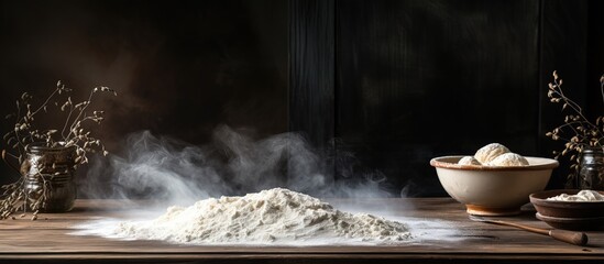 Flour on a table in morning light contrasting with a dark backdrop