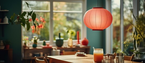 A lantern is above a table in the kitchen - obrazy, fototapety, plakaty