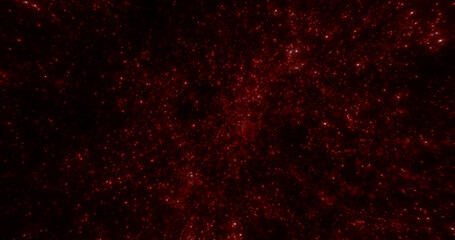 Abstract red background of small round bokeh particles, beautiful holiday snowflakes, magical snow, energetic bright glowing cosmic stars