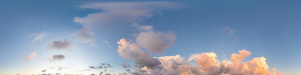 360 hdr panorama of sunset sky with bright pink Cumulus clouds, suitable for aerial drone panoramas...