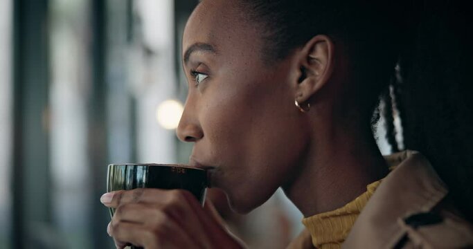Woman, drinking and beverage while thinking in cafe with cup for calm, relax and joy. African person, hand and hold of delicious coffee, cappuccino or latte in restaurant while looking out window