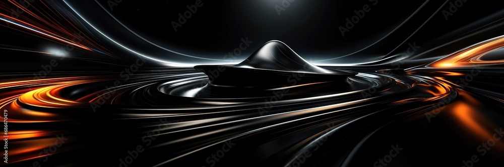 Wall mural in a wide-format abstract background image, fluidic motions gracefully dance against a deep black ba