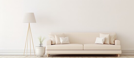 Copy space in a simple living room with a beige sofa against a white wall, accompanied by a lamp.