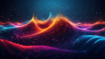 Abstract Waving Particle Technology Background Design. Hi-tech futuristic techno background, neon shapes and dots.