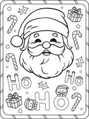 Santa Claus with gifts and candy cane cartoon illustration. Merry Christmas. Coloring page. Activity book for kids and adults.