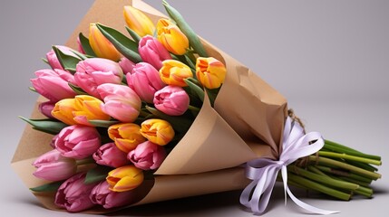Bouquet of pink and yellow tulips on white background.