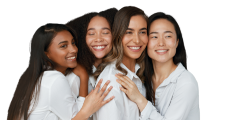 Women, group and skincare for beauty with hug, community and support in diversity. Happy people, friends or model with smile for inclusion of dermatology on isolated or transparent png background