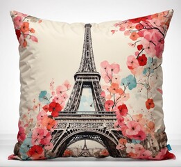 Pillow with Eiffel Tower and flowers on white background