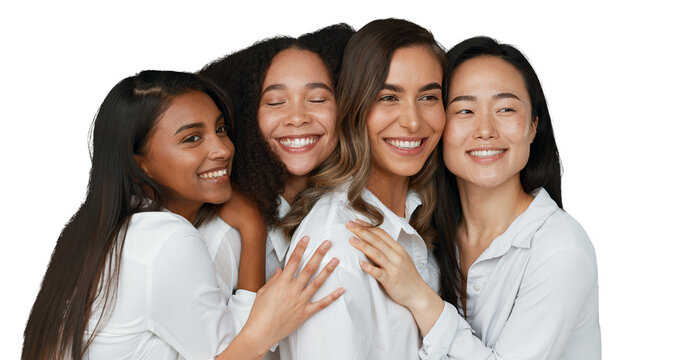 Women, group and skincare for beauty with hug, community and support in diversity. Happy people, friends or model with smile for inclusion of dermatology on isolated or transparent png background