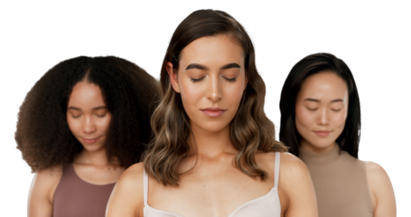 Beauty, diversity or women with closed eyes, inclusion or relax wellness with dermatology glow. Model, mindfulness or global people skin care for cosmetics or isolated on transparent png background