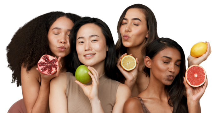Women, portrait and beauty for diversity with fruit for dermatology for skincare. Female model, inclusion and community on isolated or transparent png background for natural, cosmetics or vitamin c