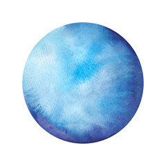 A blue watercolor planet isolated on a white background, hand-drawn. A decorative element for design and decoration. Round textured background with gradient. An abstract spot, a dot.