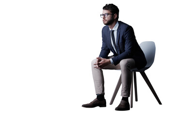 Business man, chair and thinking or vision for opportunity, career plan or professional solution....