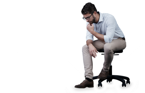 Man, serious and thinking for future idea and isolated on transparent png background. Contemplating, young and financial clerk stressed for career, and startup with a businessman for corporate job