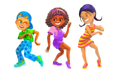 Dancing multicultural boy and girls. Isolated watercolor illustration for kids dancing party design, invitations, posters