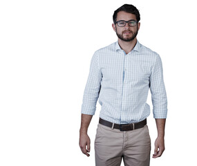 Fashion, portrait and business man with glasses, confidence or pose on isolated, transparent png...