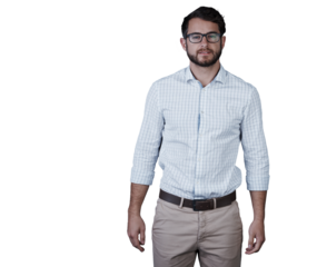 Fashion, portrait and business man with glasses, confidence or pose on isolated, transparent png background. Style, clothes and face of young professional male entrepreneur with corporate outfit