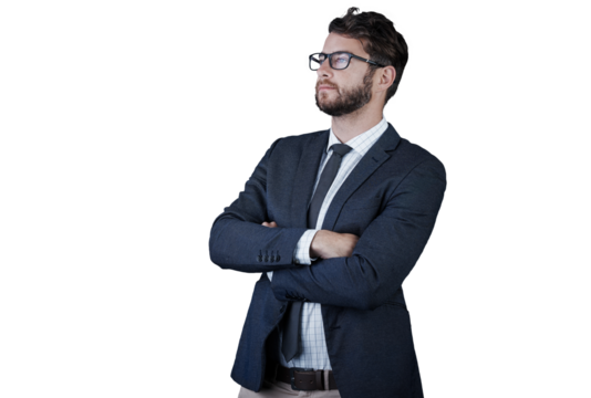 Business man, thinking and worker with idea about corporate job and professional with glasses. Suit, male person and worker confidence from working isolated on a transparent, png background - Powered by Adobe