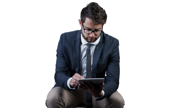 Businessman, tablet and internet on chair for research, message or email for reading, browse or scroll. Male entrepreneur, person and glasses with technology on isolated or transparent png background