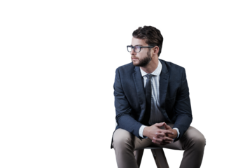 Businessman, profile and thinking on chair with idea for future planning, wealth or growth with investment. Person, financial analyst and glasses with vision on isolated or transparent png background