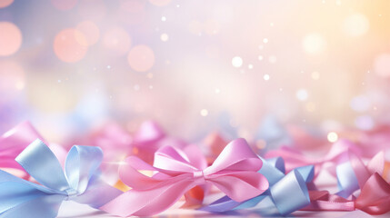 Obraz na płótnie Canvas Confetti of pastel pink and blue ribbons on a bokeh background. Valentine's day backdrop
