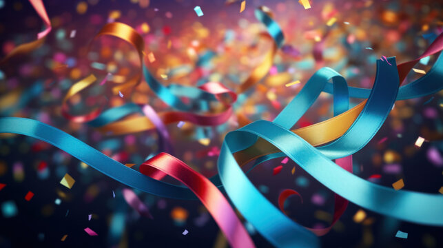 Abstract background with confetti on colorful ribbons on dark background