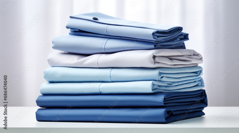 Poster folded clothes in stacks of various simple blue placed on a table on a light background