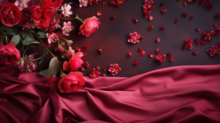 Mockup with flowers and petals on dark red and purple background