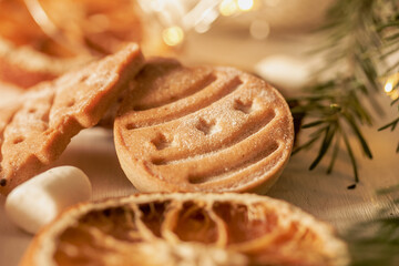 Traditional Christmas ginger cookies, cookies in shape of trees and Christmas balls.  Family culinary, decor. High quality photo, close up,
