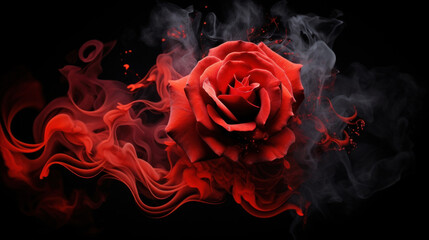 Red rose wrapped in smoke swirl on black background