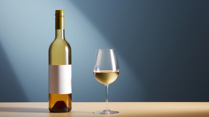 White wine bottle with a glass on a pastel blue background