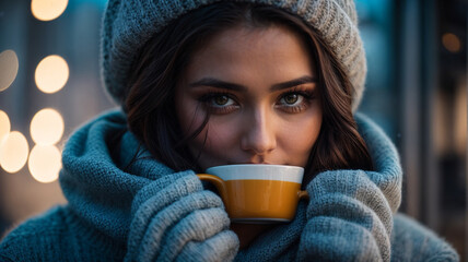 In a close-up shot, a woman dressed in a cozy sweater holds a mug, braving the winter cold amidst falling snowflakes, portraying a sense of warmth and comfort in the chilly weather.

 - obrazy, fototapety, plakaty