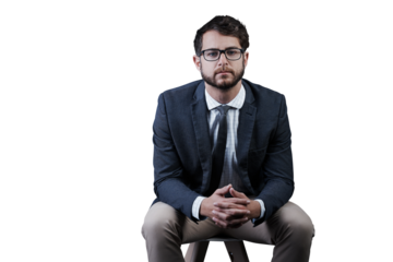 Portrait, glasses and business man on chair isolated on a transparent png background. Career, professional entrepreneur and confident corporate salesman, serious worker and young employee in Spain